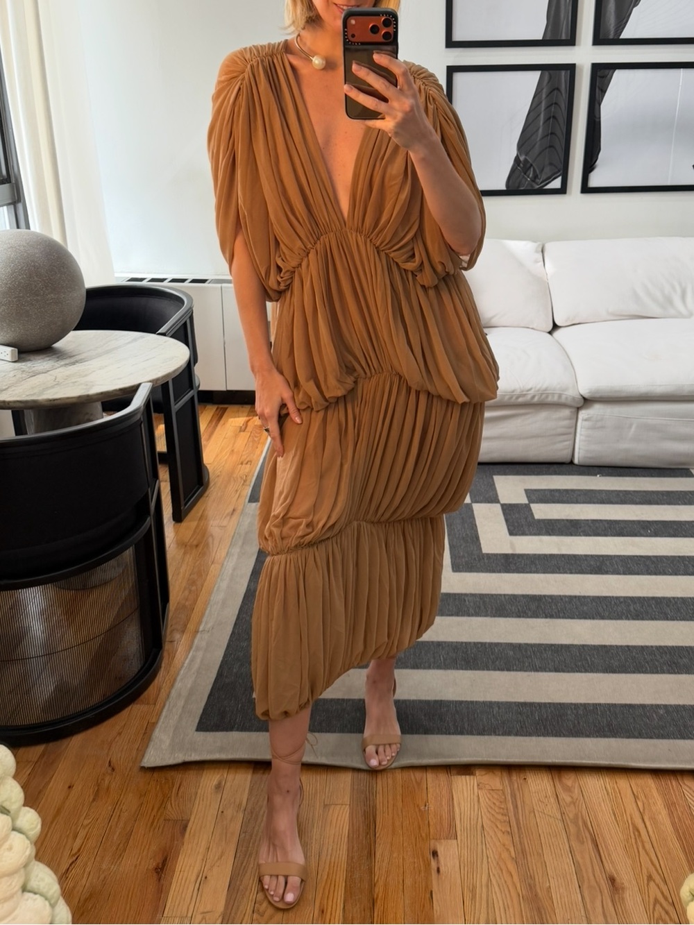 Ronny Kobo Collection Pleated Tiered Midi Dress in Camel/Tan